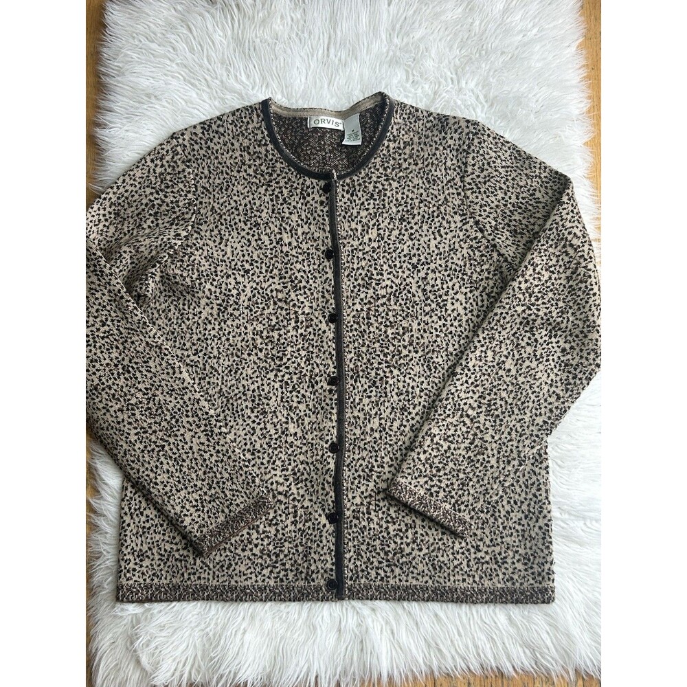 Orvis Women’s Size M Brown Print Button Front Knit Cardigan Sweater Work